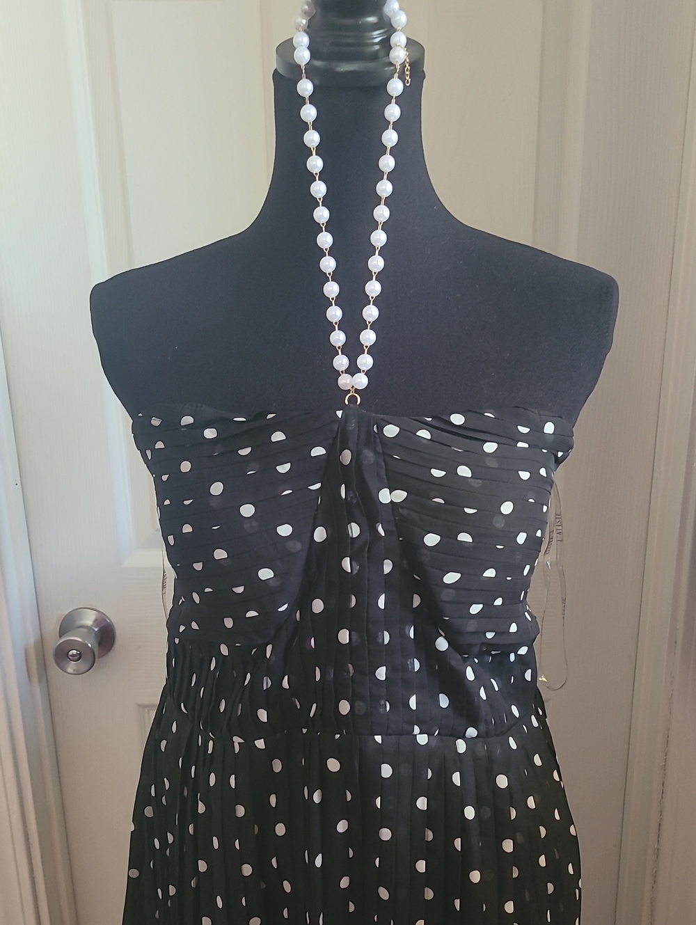 L'ATISTE Black and White Polka Dot Strapless Maxi Dress,PEARL STRAP NEW L